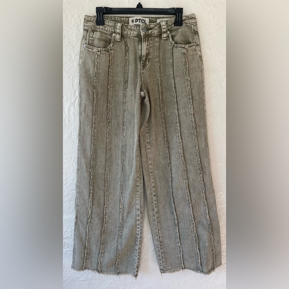 PTCL wide-leg cropped jeans with exposed seam details and a raw hem; size 27